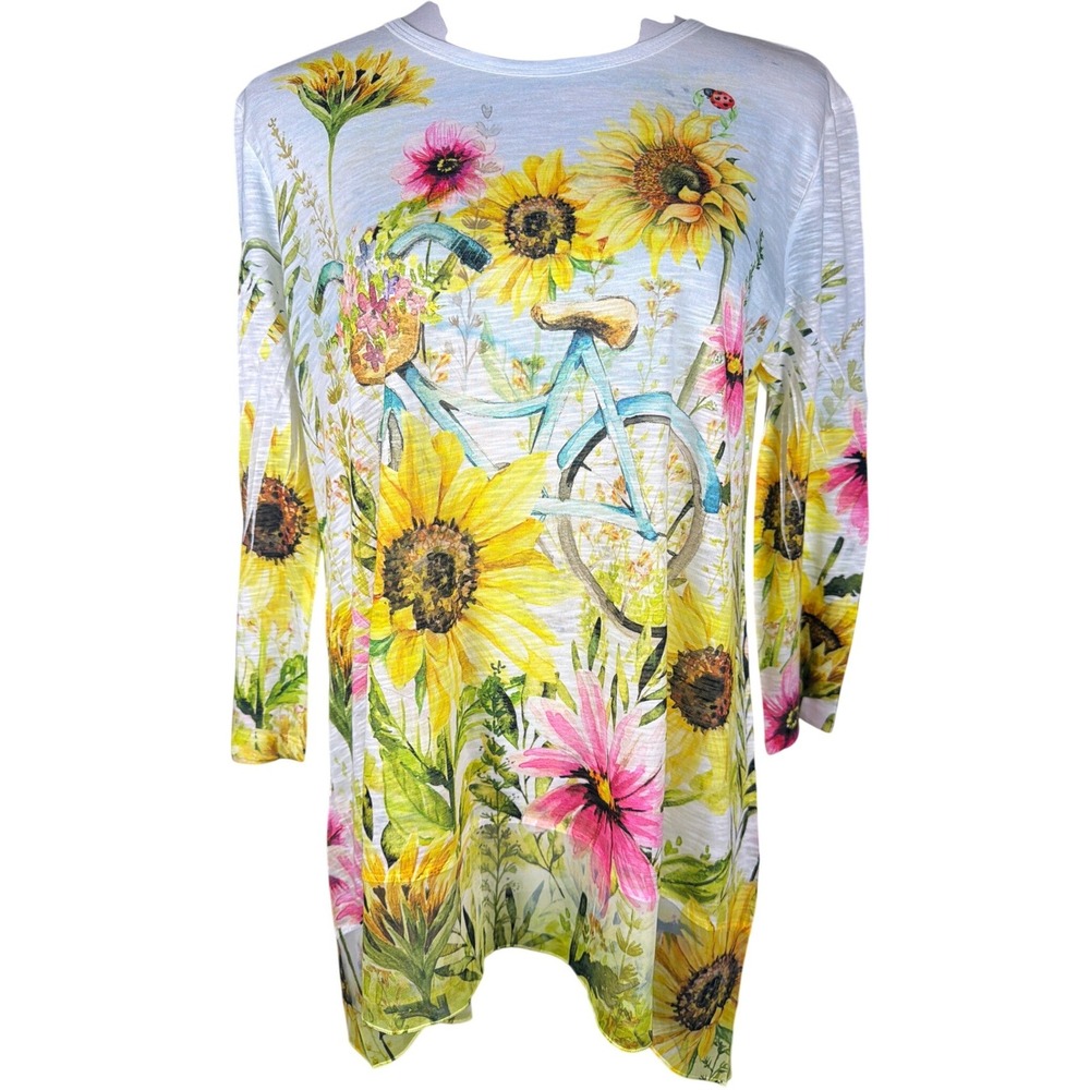 Jess & Jane‎ Sunnyride Floral Bicycle Tunic Top Womens Medium 3/4 Sleeve 63-1573